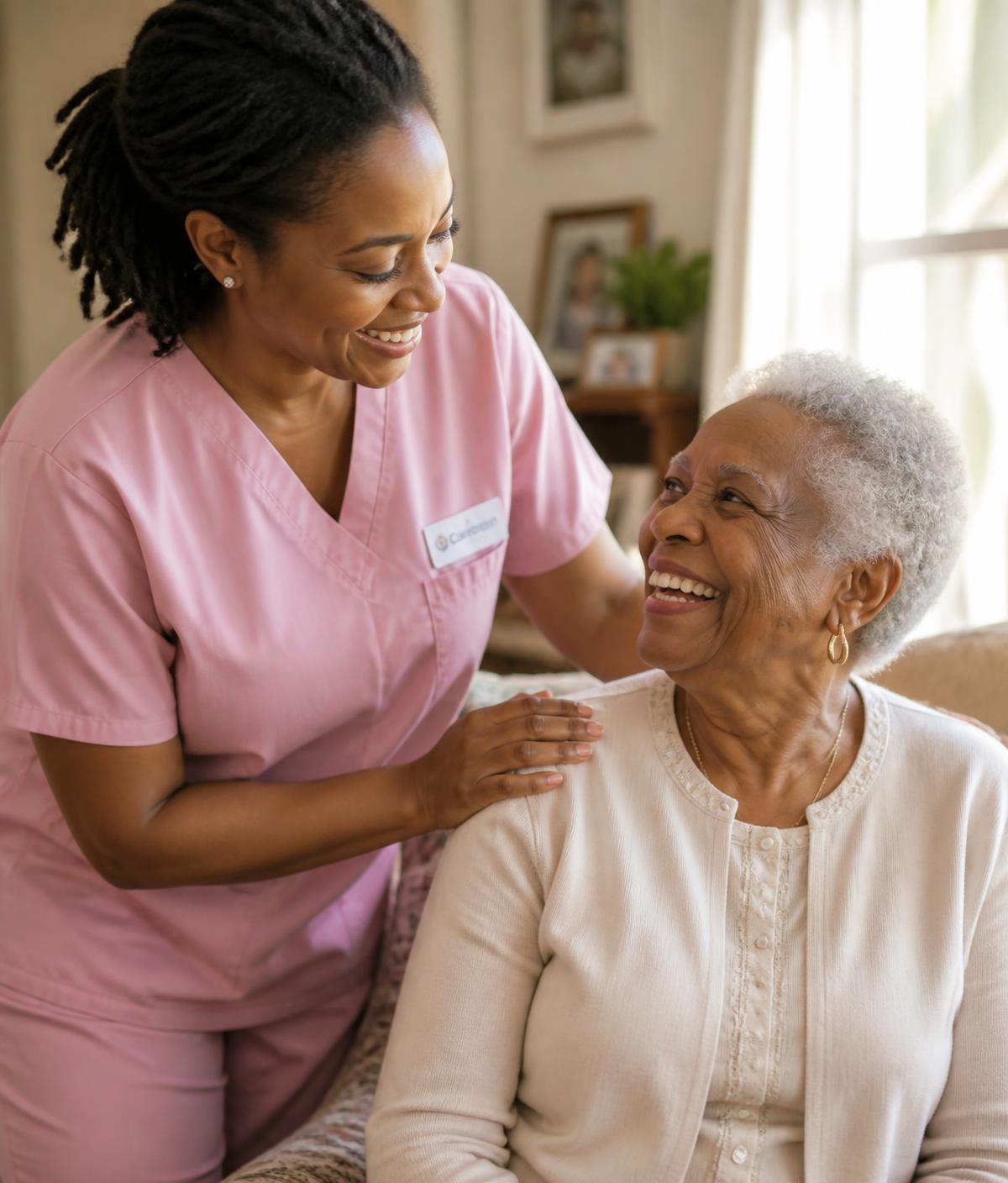 Caregiver in pink scrubs smiling with an elderly client at home